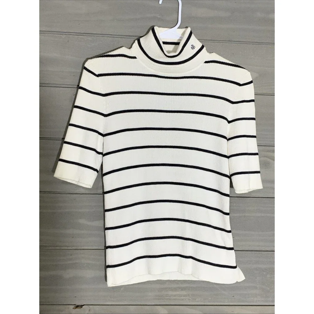 Lauren Ralph Lauren Black Ivory Stripe Short Sleeve Turtleneck Womens S Nautical - Picture 2 of 6